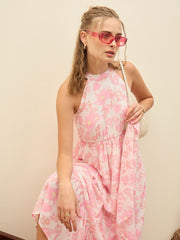 Women White Floral Halter-Neck Maxi Dress-SFDRSS12951