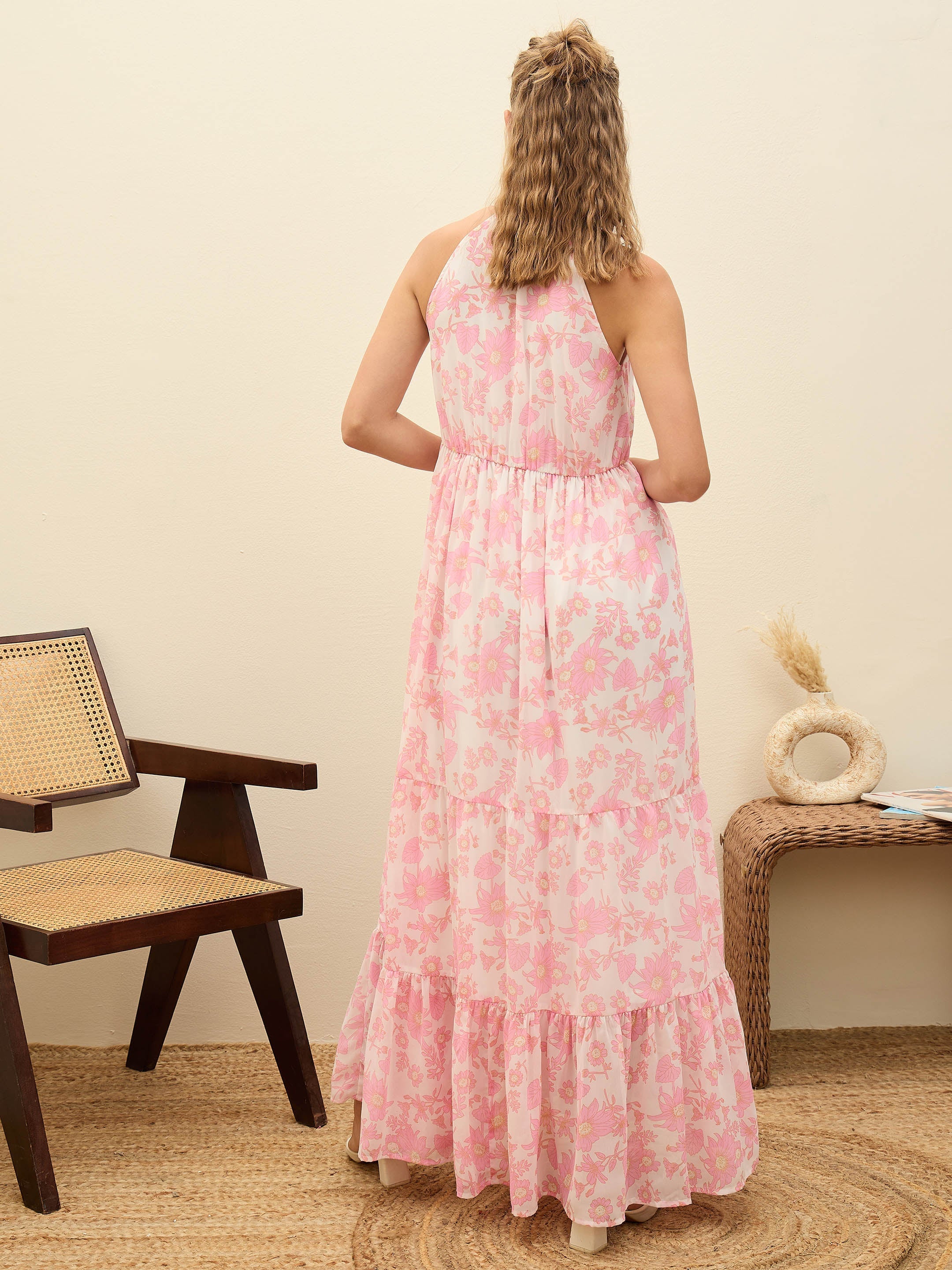 Women White Floral Halter-Neck Maxi Dress-SFDRSS12951