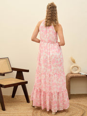 Women White Floral Halter-Neck Maxi Dress-SFDRSS12951