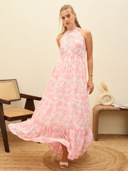 Women White Floral Halter-Neck Maxi Dress-SFDRSS12951