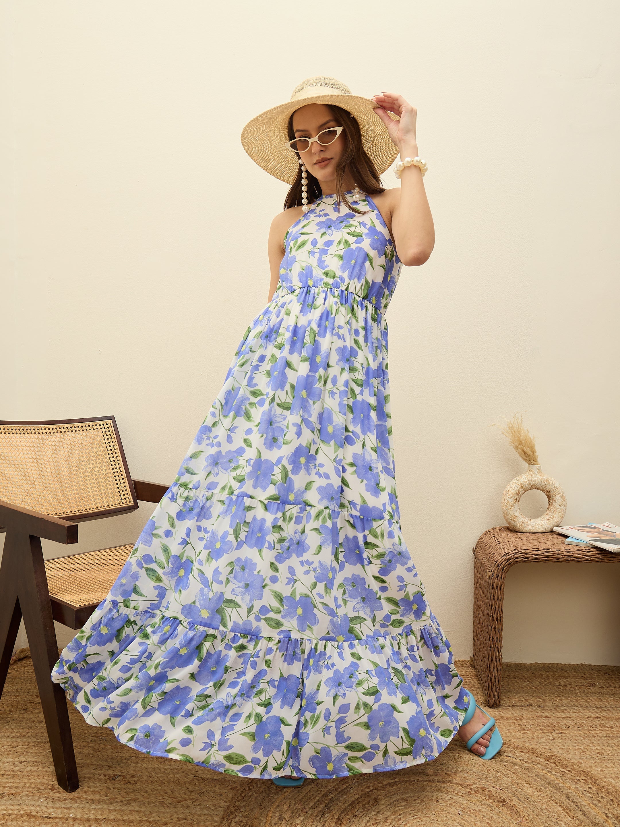 Women Blue Floral Halter Neck Maxi Dress-SFDRSS12952
