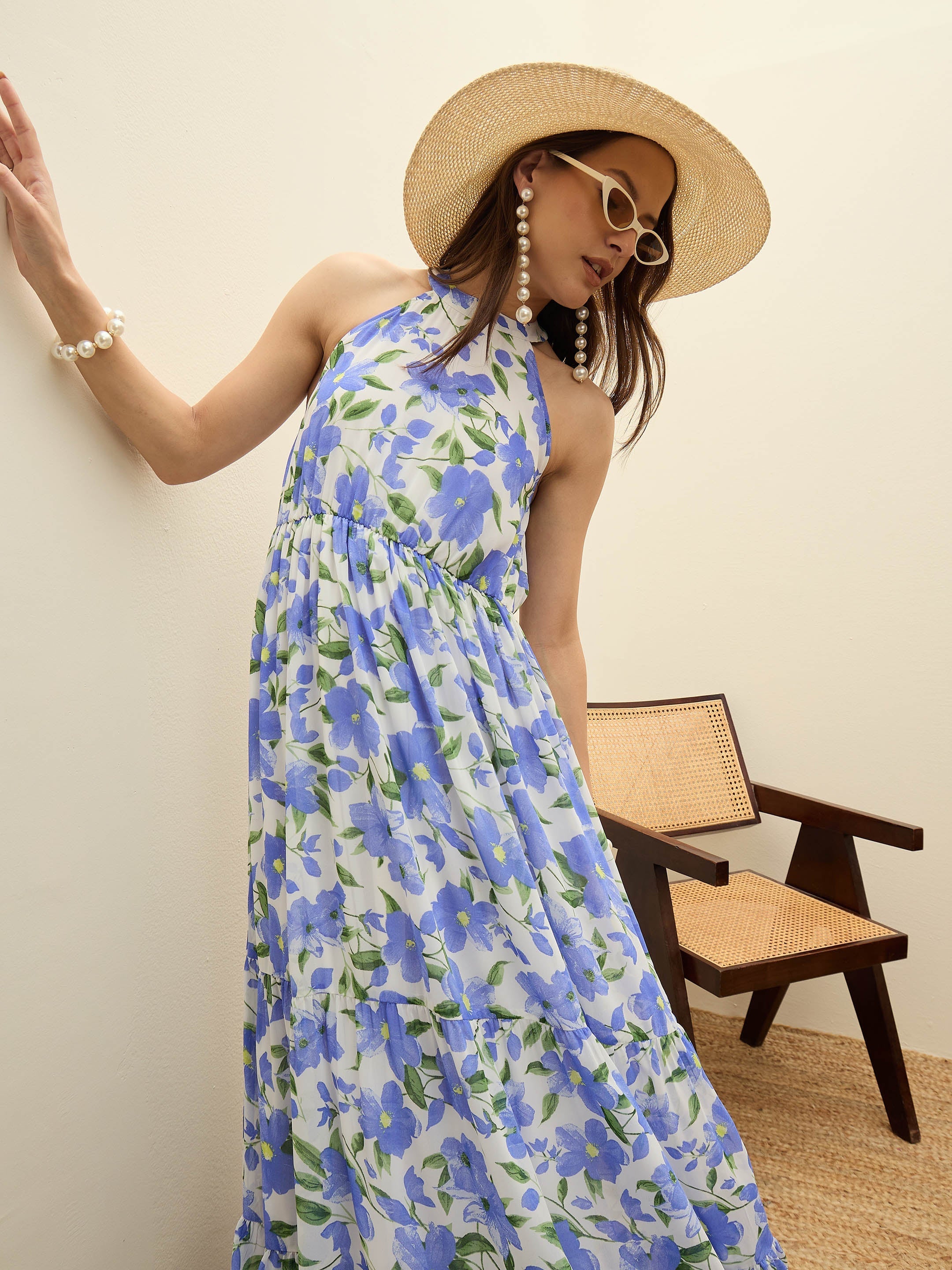 Women Blue Floral Halter Neck Maxi Dress-SFDRSS12952