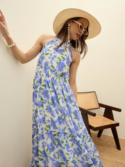 Women Blue Floral Halter Neck Maxi Dress-SFDRSS12952