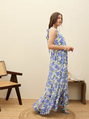 Women Blue Floral Halter Neck Maxi Dress-SFDRSS12952