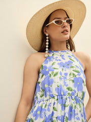 Women Blue Floral Halter Neck Maxi Dress-SFDRSS12952