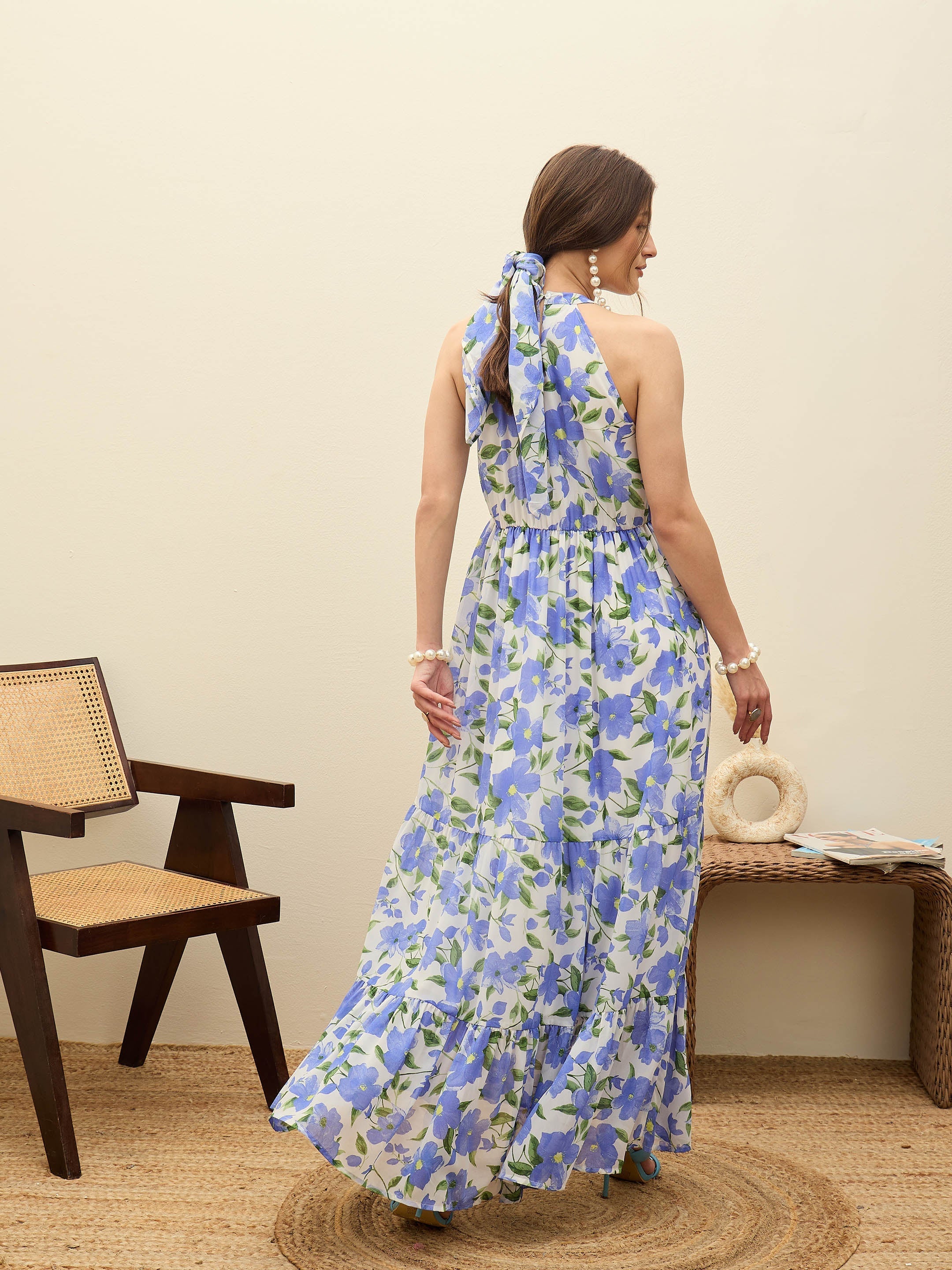 Women Blue Floral Halter Neck Maxi Dress-SFDRSS12952