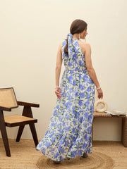 Women Blue Floral Halter Neck Maxi Dress-SFDRSS12952