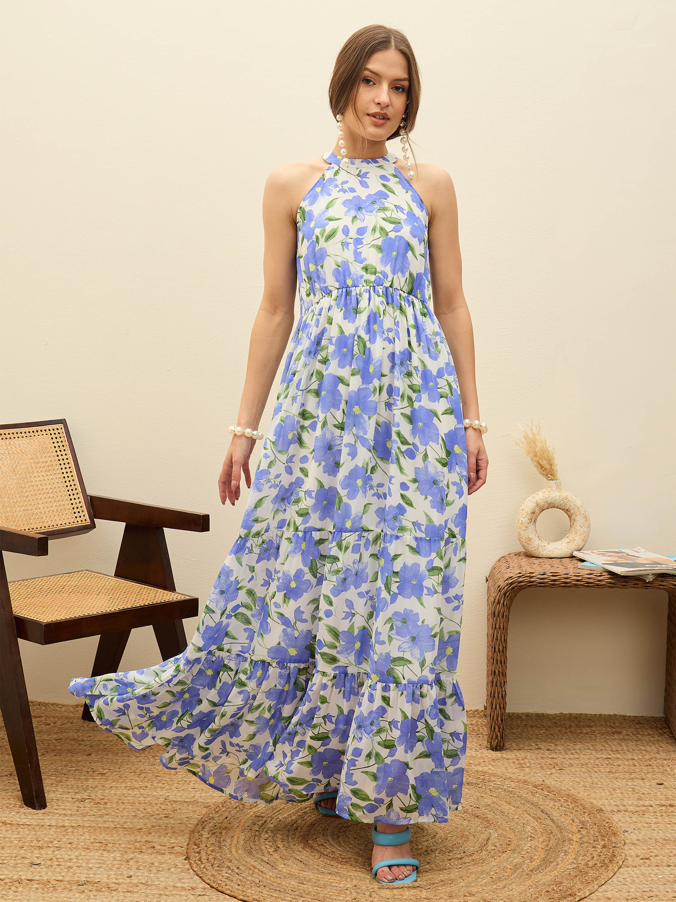 Women Blue Floral Halter Neck Maxi Dress-SFDRSS12952