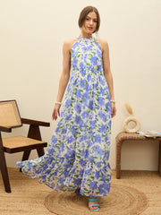 Women Blue Floral Halter Neck Maxi Dress-SFDRSS12952