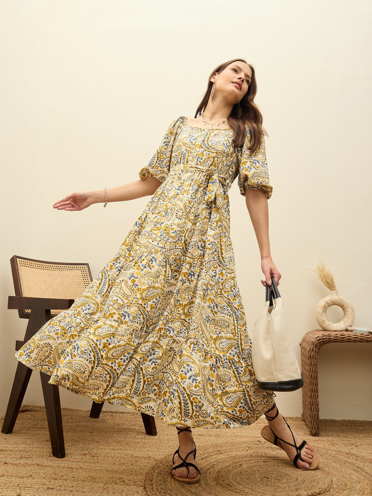Women Beige Paisley Belted Midi Dress-SFDRSS12953