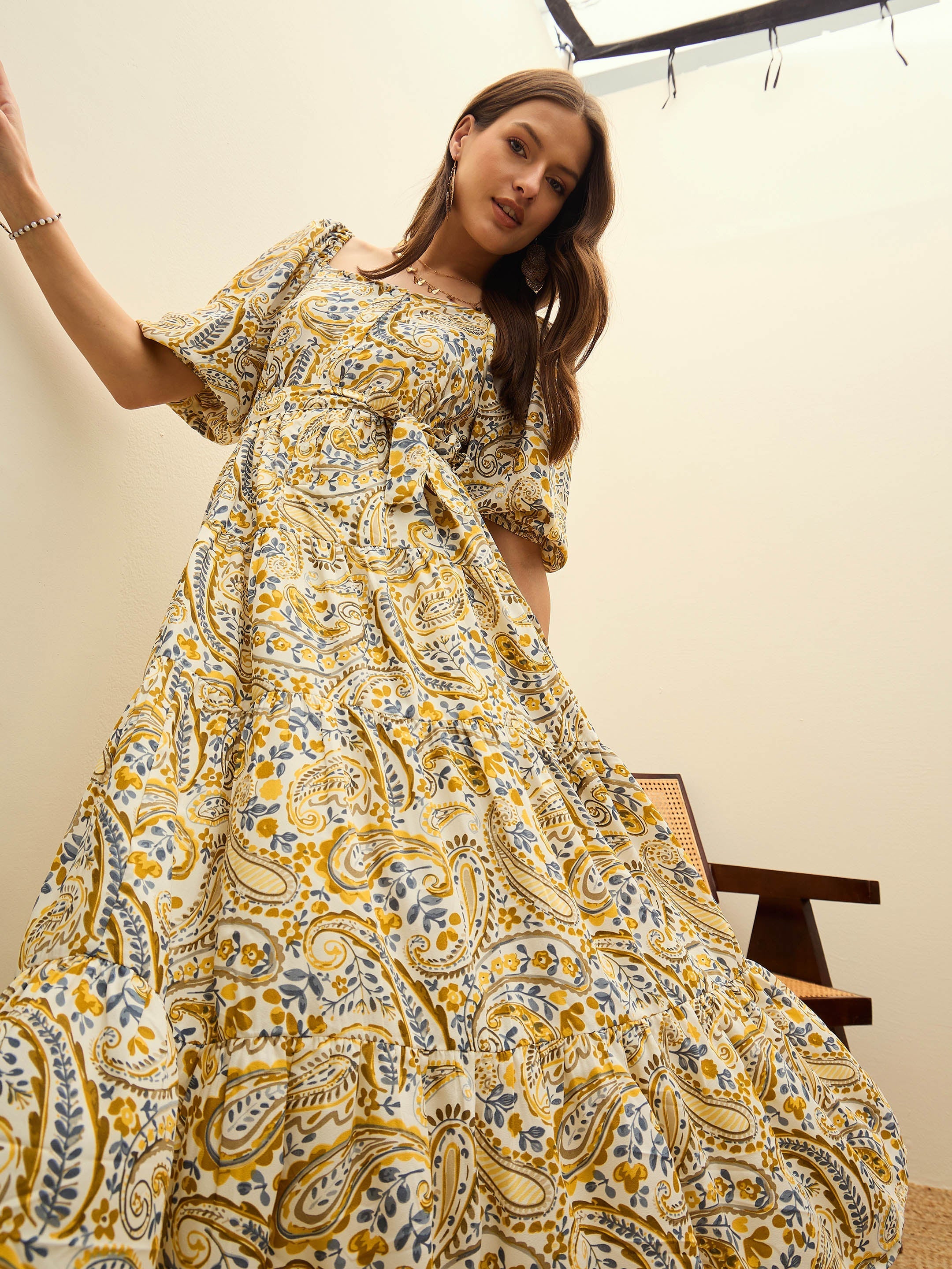 Women Beige Paisley Belted Midi Dress-SFDRSS12953