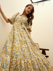Women Beige Paisley Belted Midi Dress-SFDRSS12953