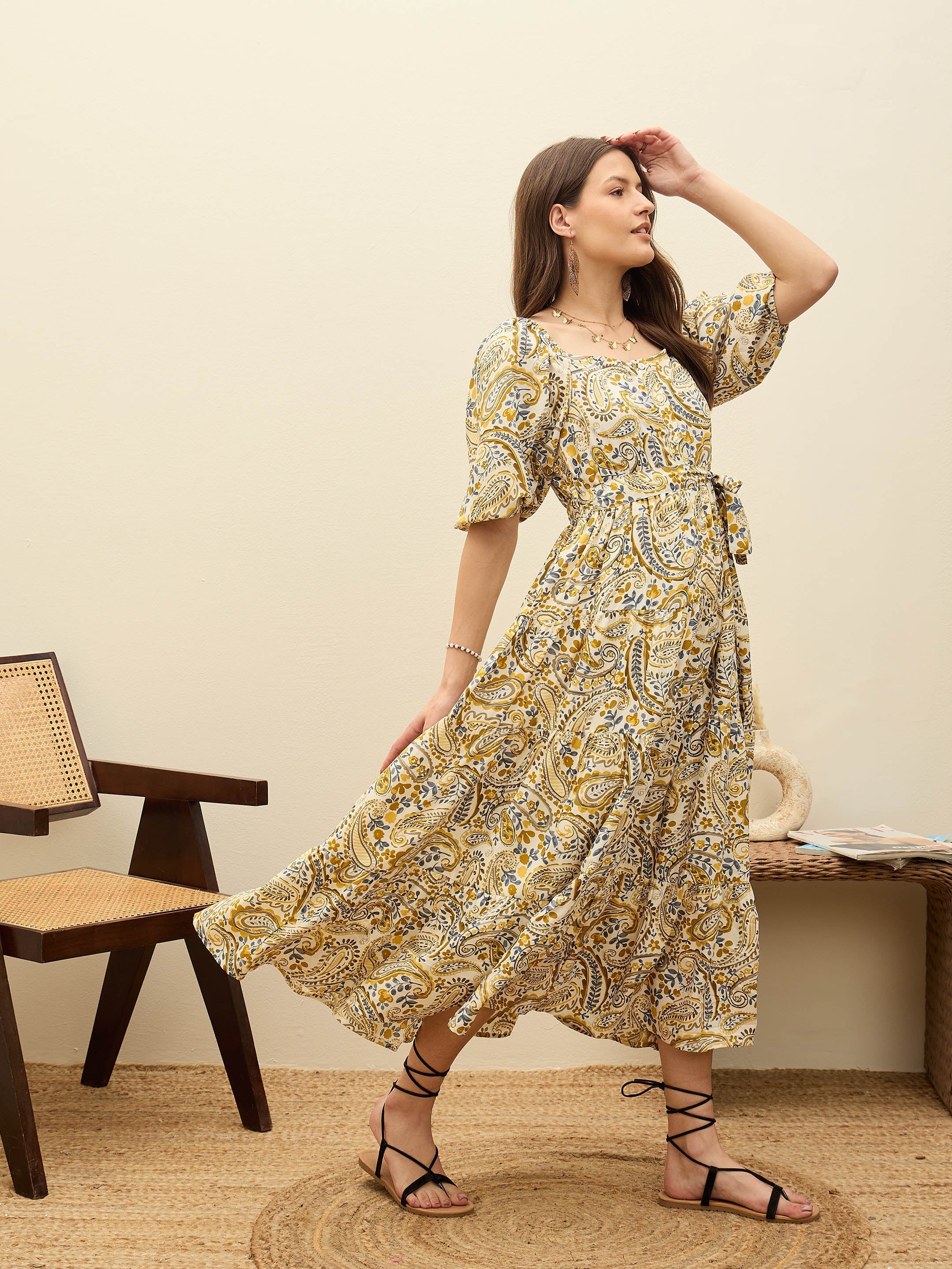 Women Beige Paisley Belted Midi Dress-SFDRSS12953