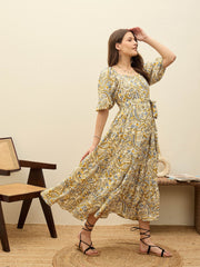 Women Beige Paisley Belted Midi Dress-SFDRSS12953