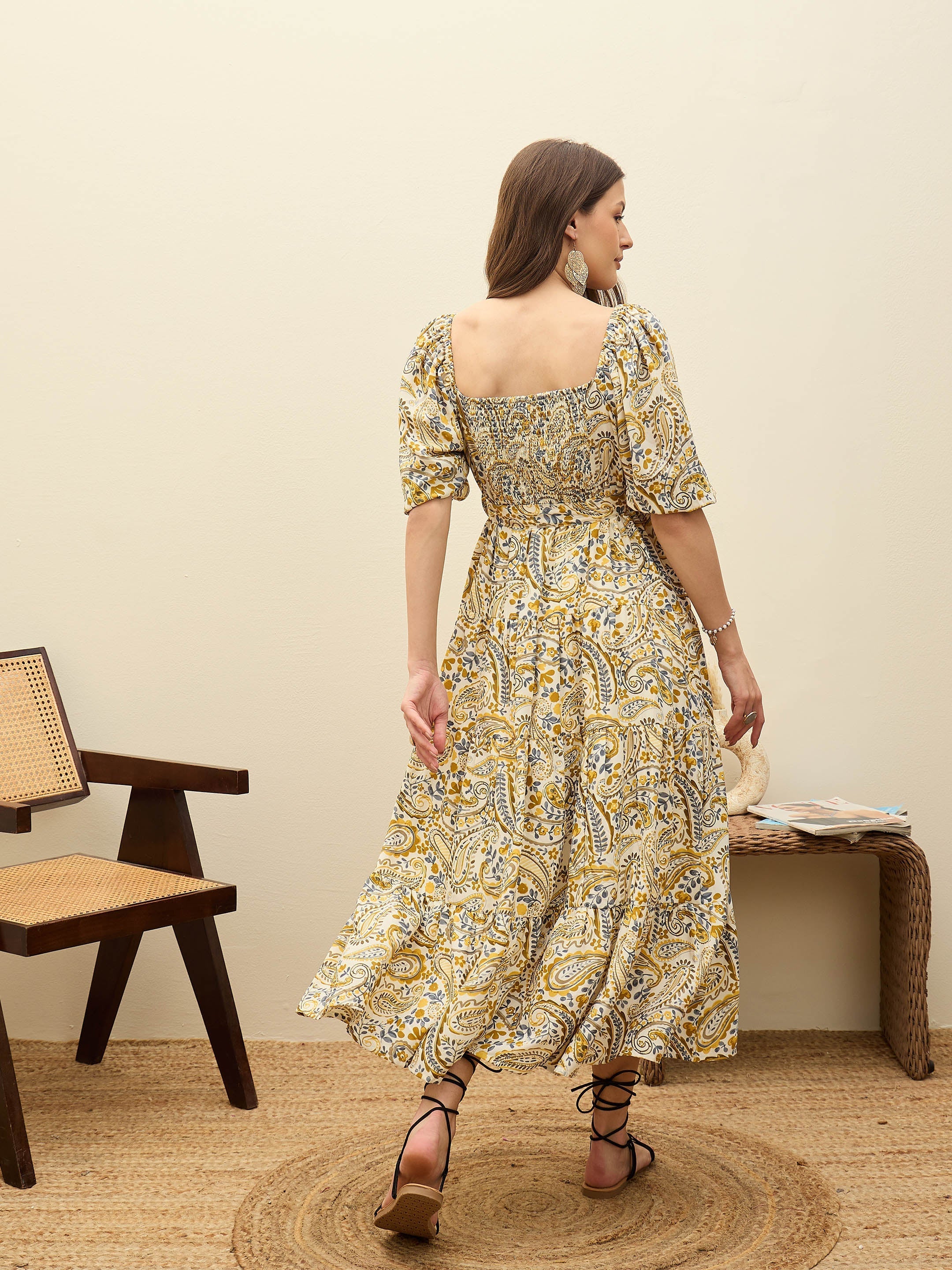 Women Beige Paisley Belted Midi Dress-SFDRSS12953