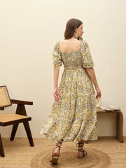 Women Beige Paisley Belted Midi Dress-SFDRSS12953