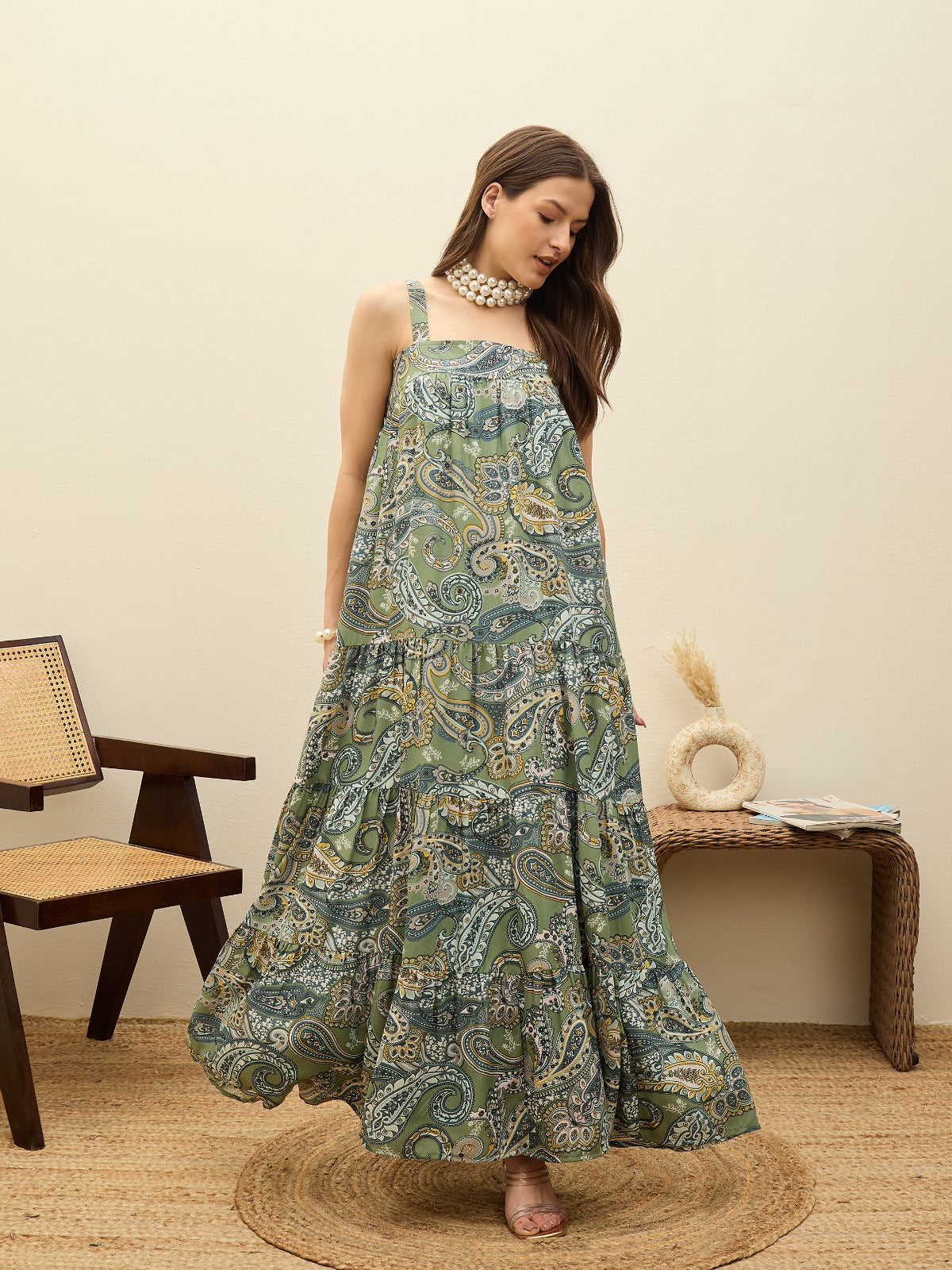 Women Green Paisley Strappy Tiered Maxi Dress-SFDRSS12955