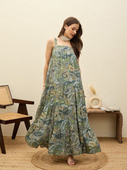 Women Green Paisley Strappy Tiered Maxi Dress-SFDRSS12955