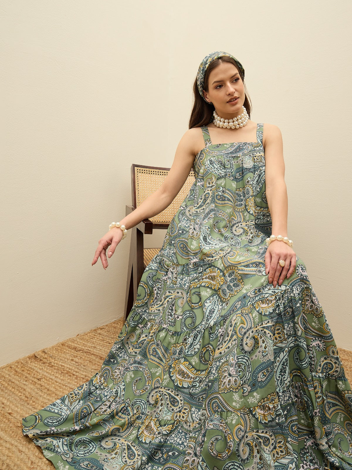 Women Green Paisley Strappy Tiered Maxi Dress-SFDRSS12955