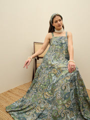 Women Green Paisley Strappy Tiered Maxi Dress-SFDRSS12955