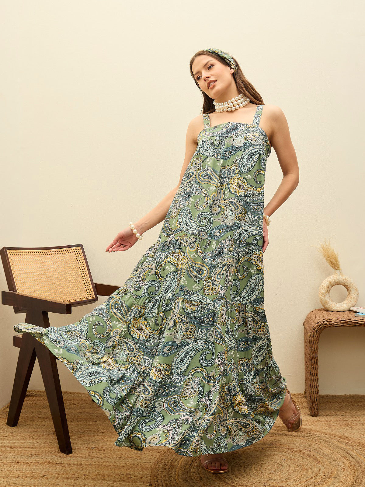 Women Green Paisley Strappy Tiered Maxi Dress-SFDRSS12955