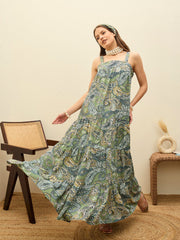 Women Green Paisley Strappy Tiered Maxi Dress-SFDRSS12955