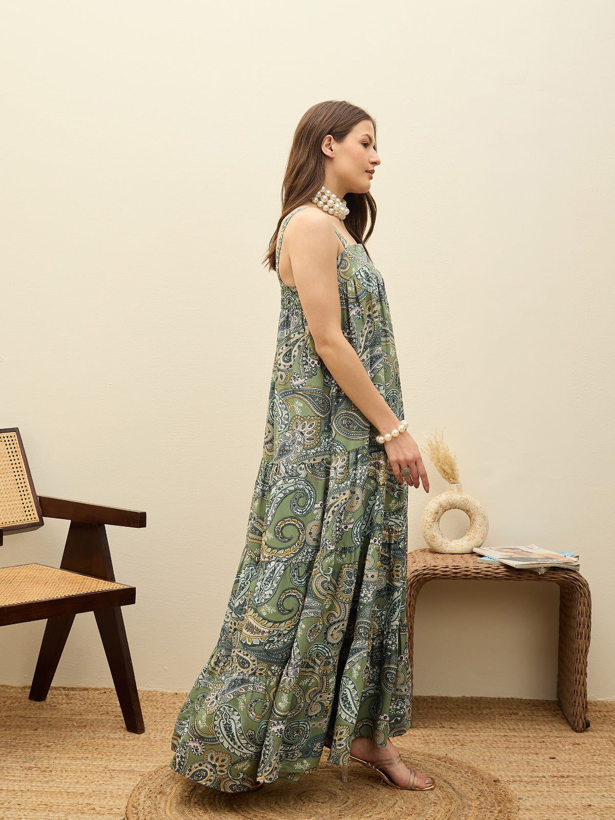 Women Green Paisley Strappy Tiered Maxi Dress-SFDRSS12955