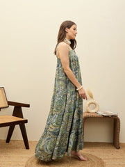 Women Green Paisley Strappy Tiered Maxi Dress-SFDRSS12955