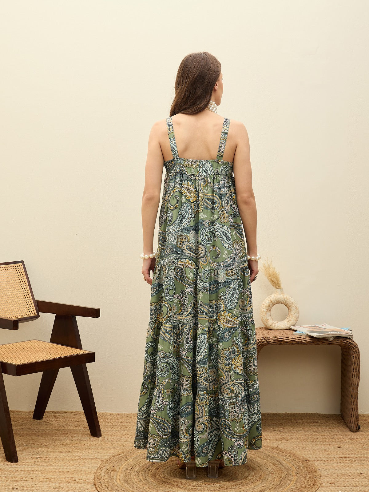 Women Green Paisley Strappy Tiered Maxi Dress-SFDRSS12955