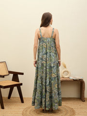 Women Green Paisley Strappy Tiered Maxi Dress-SFDRSS12955