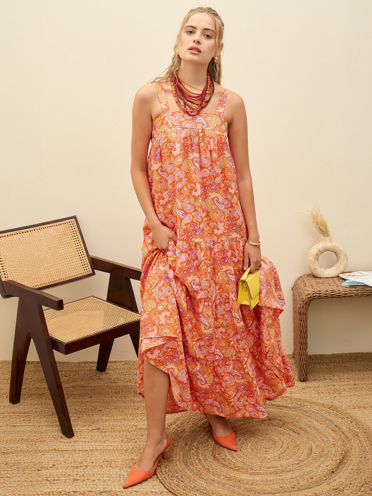Women Orange Paisley Strappy Tiered Maxi Dress-SFDRSS12956