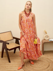Women Orange Paisley Strappy Tiered Maxi Dress-SFDRSS12956