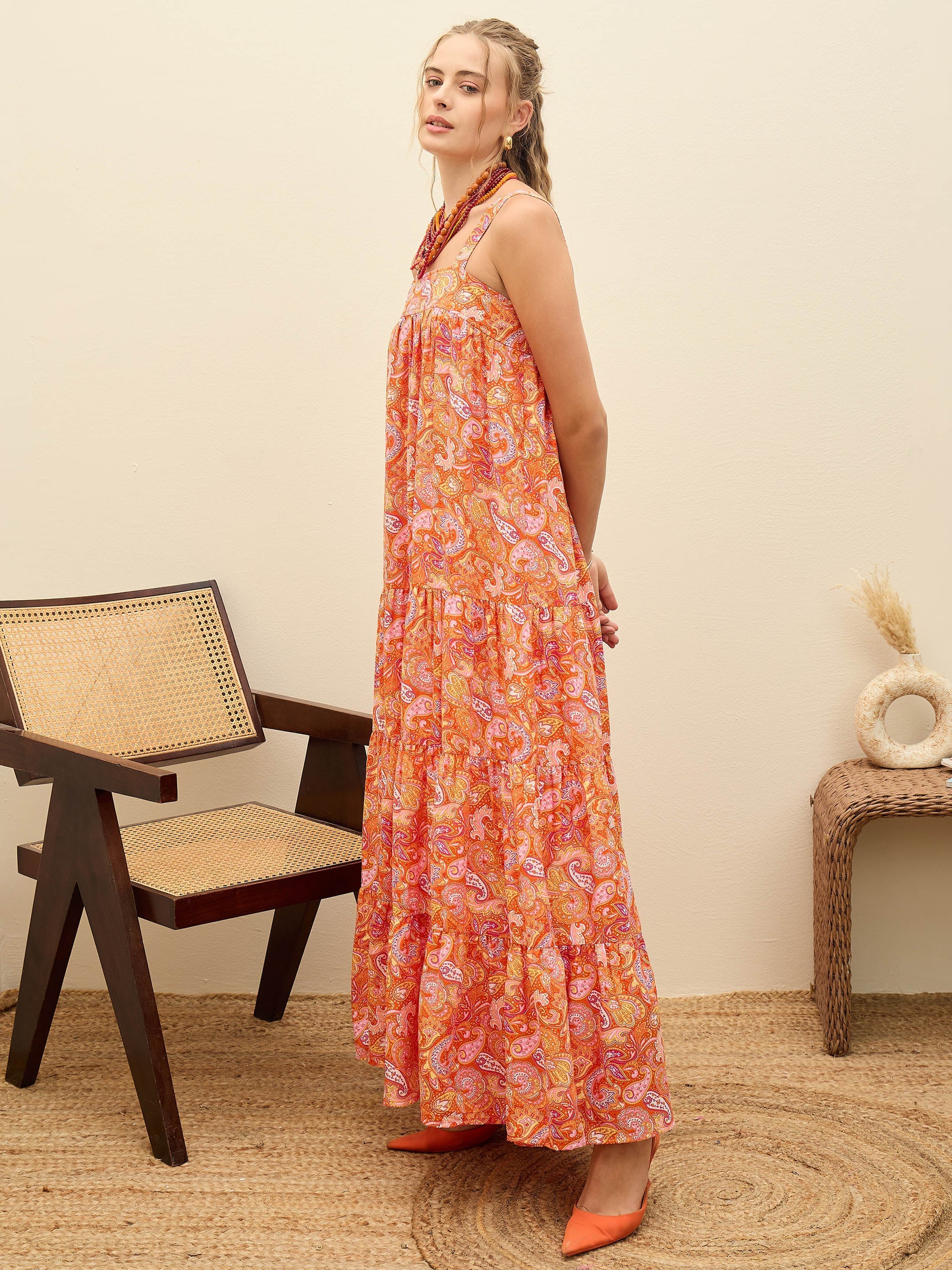 Women Orange Paisley Strappy Tiered Maxi Dress-SFDRSS12956