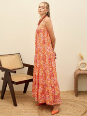 Women Orange Paisley Strappy Tiered Maxi Dress-SFDRSS12956