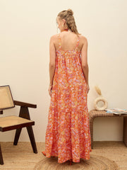 Women Orange Paisley Strappy Tiered Maxi Dress-SFDRSS12956