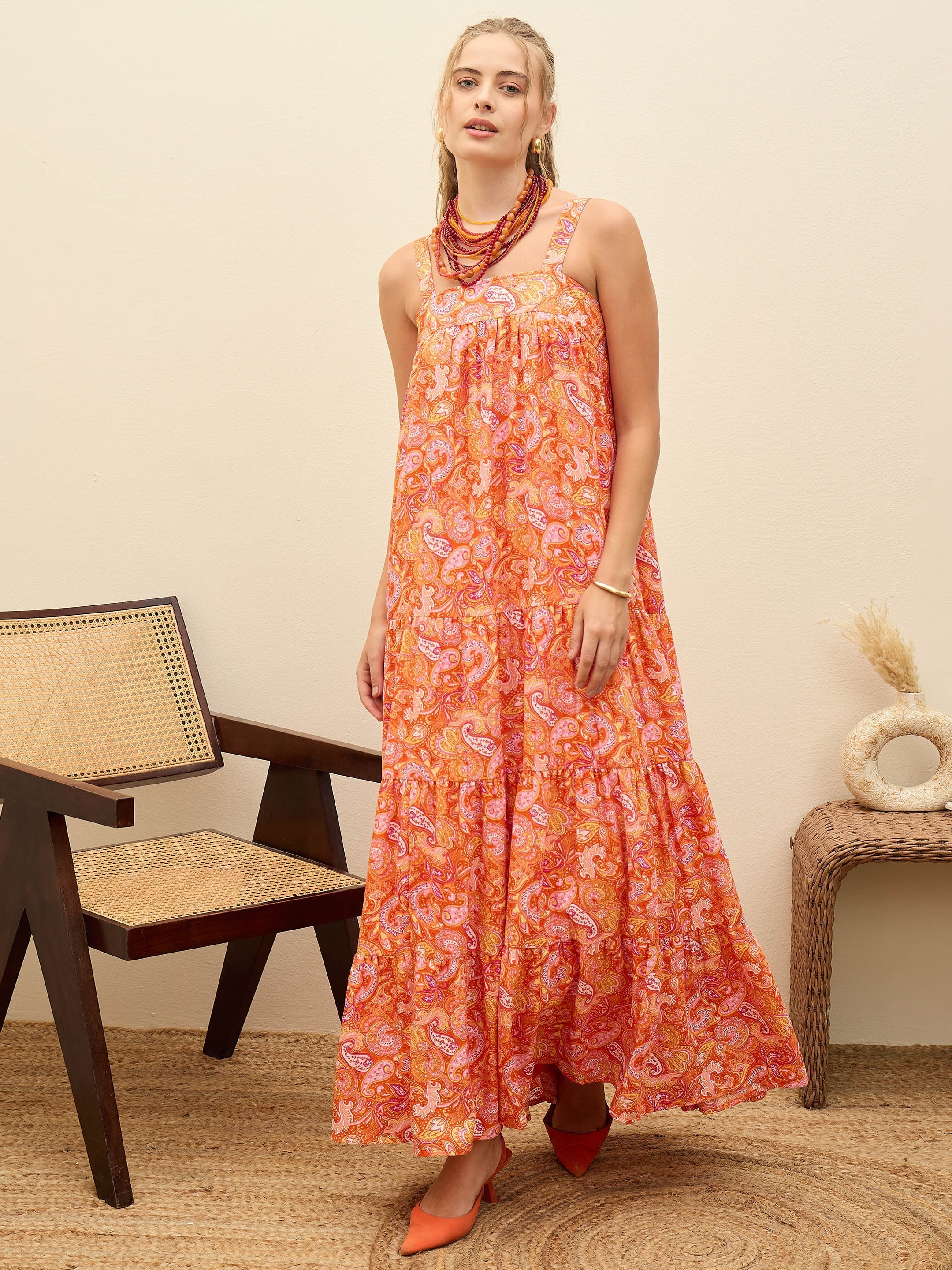 Women Orange Paisley Strappy Tiered Maxi Dress-SFDRSS12956