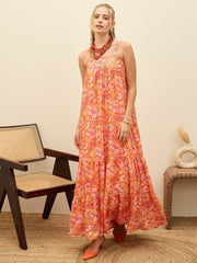 Women Orange Paisley Strappy Tiered Maxi Dress-SFDRSS12956