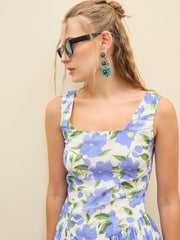 Women Blue Floral Square Neck Short Dress-SFDRSS12957