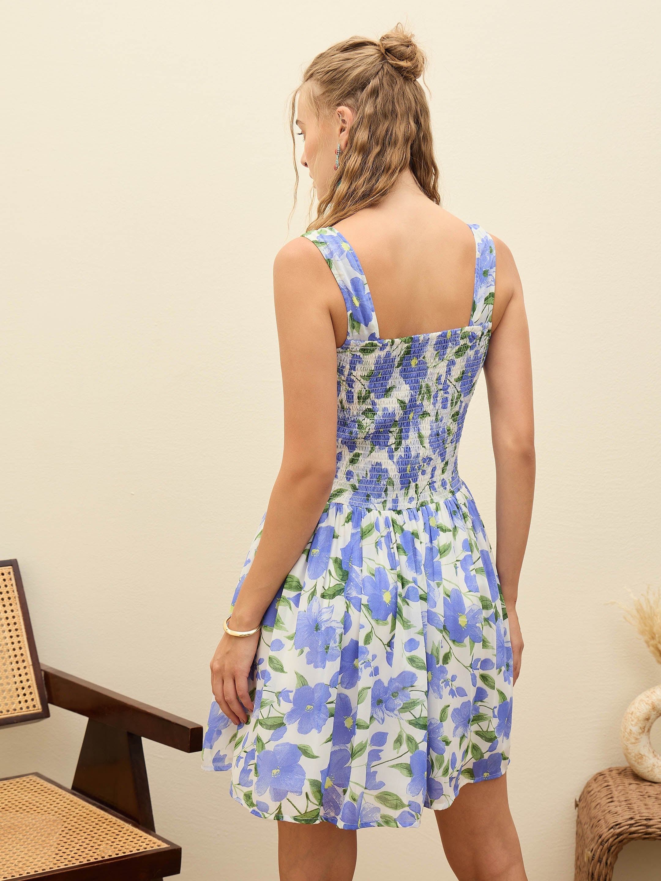 Women Blue Floral Square Neck Short Dress-SFDRSS12957