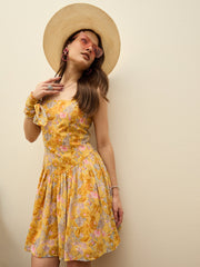 Women Yellow Floral Square Neck Short Dress-SFDRSS12958