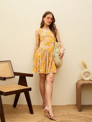Women Yellow Floral Square Neck Short Dress-SFDRSS12958