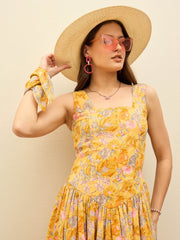Women Yellow Floral Square Neck Short Dress-SFDRSS12958