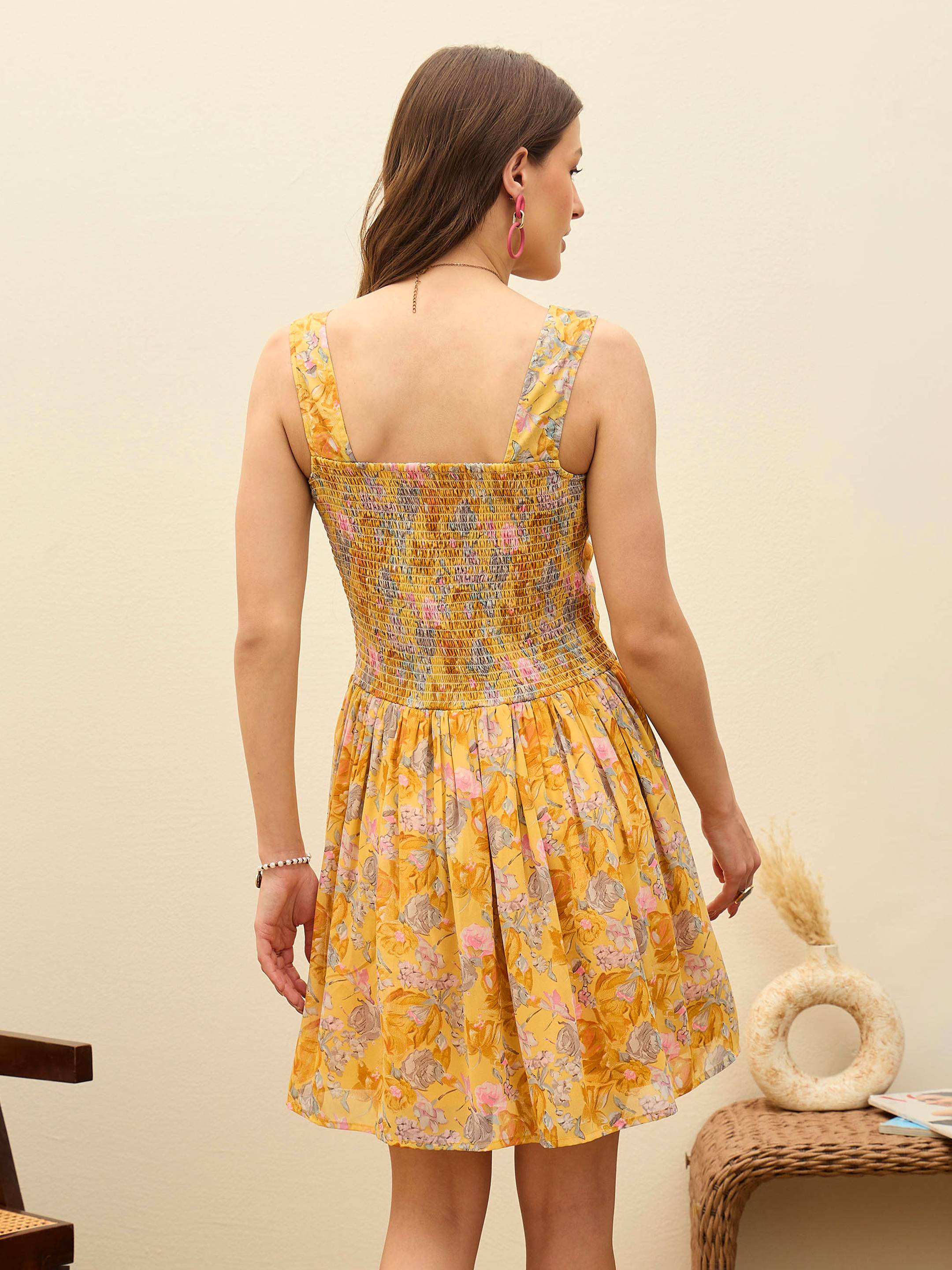Women Yellow Floral Square Neck Short Dress-SFDRSS12958