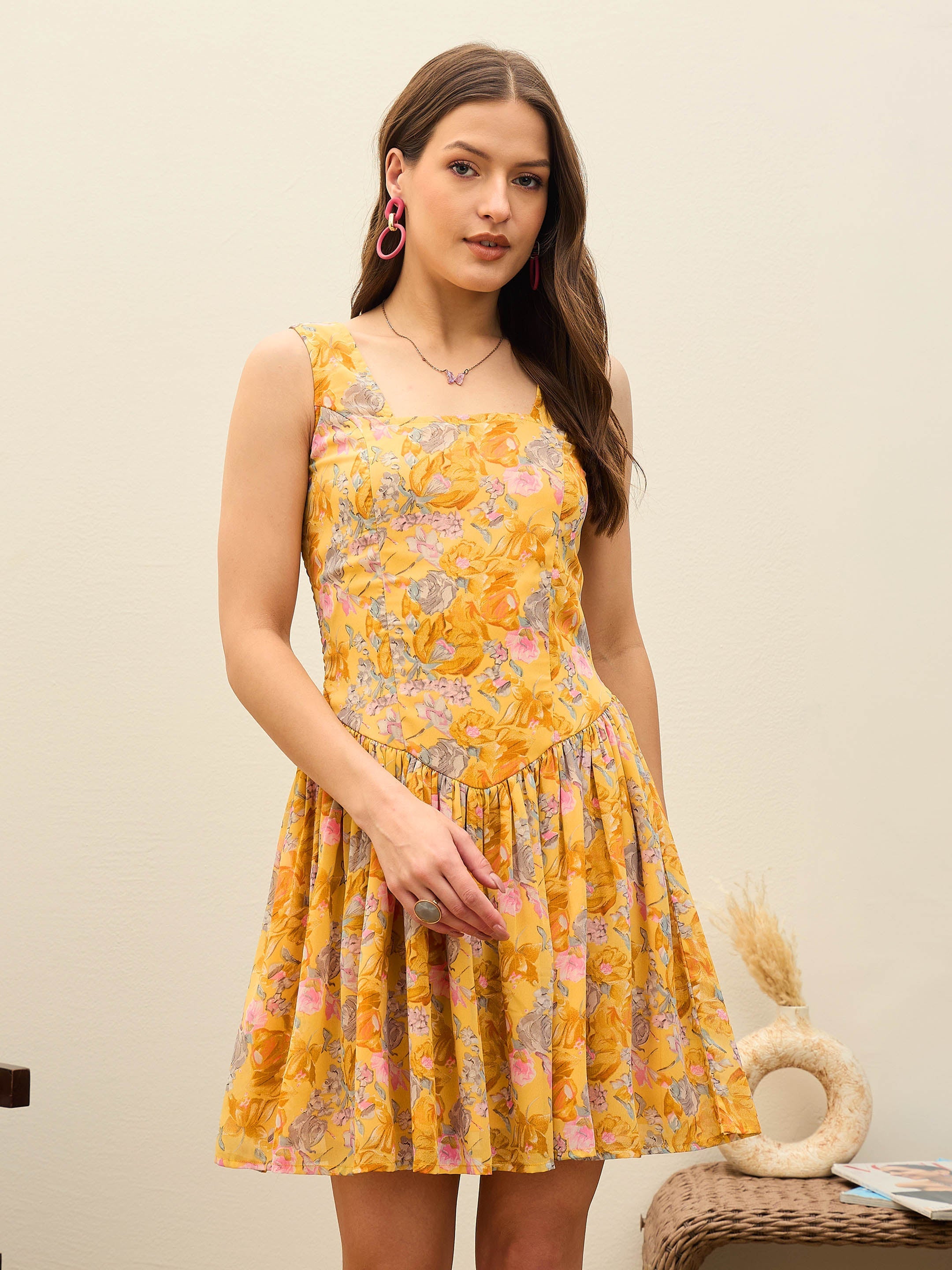 Women Yellow Floral Square Neck Short Dress-SFDRSS12958