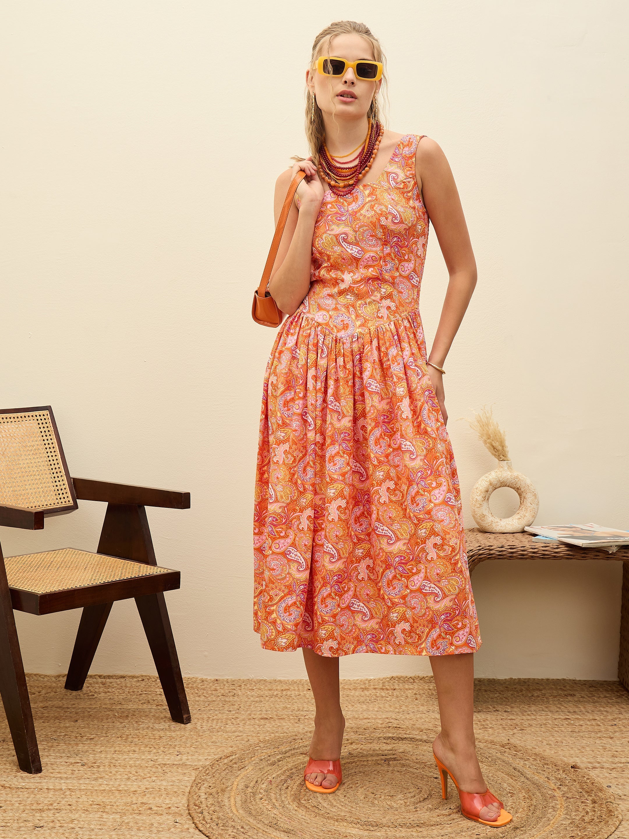 Women Orange Paisley Strappy Midi Dress-SFDRSS12959
