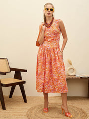 Women Orange Paisley Strappy Midi Dress-SFDRSS12959
