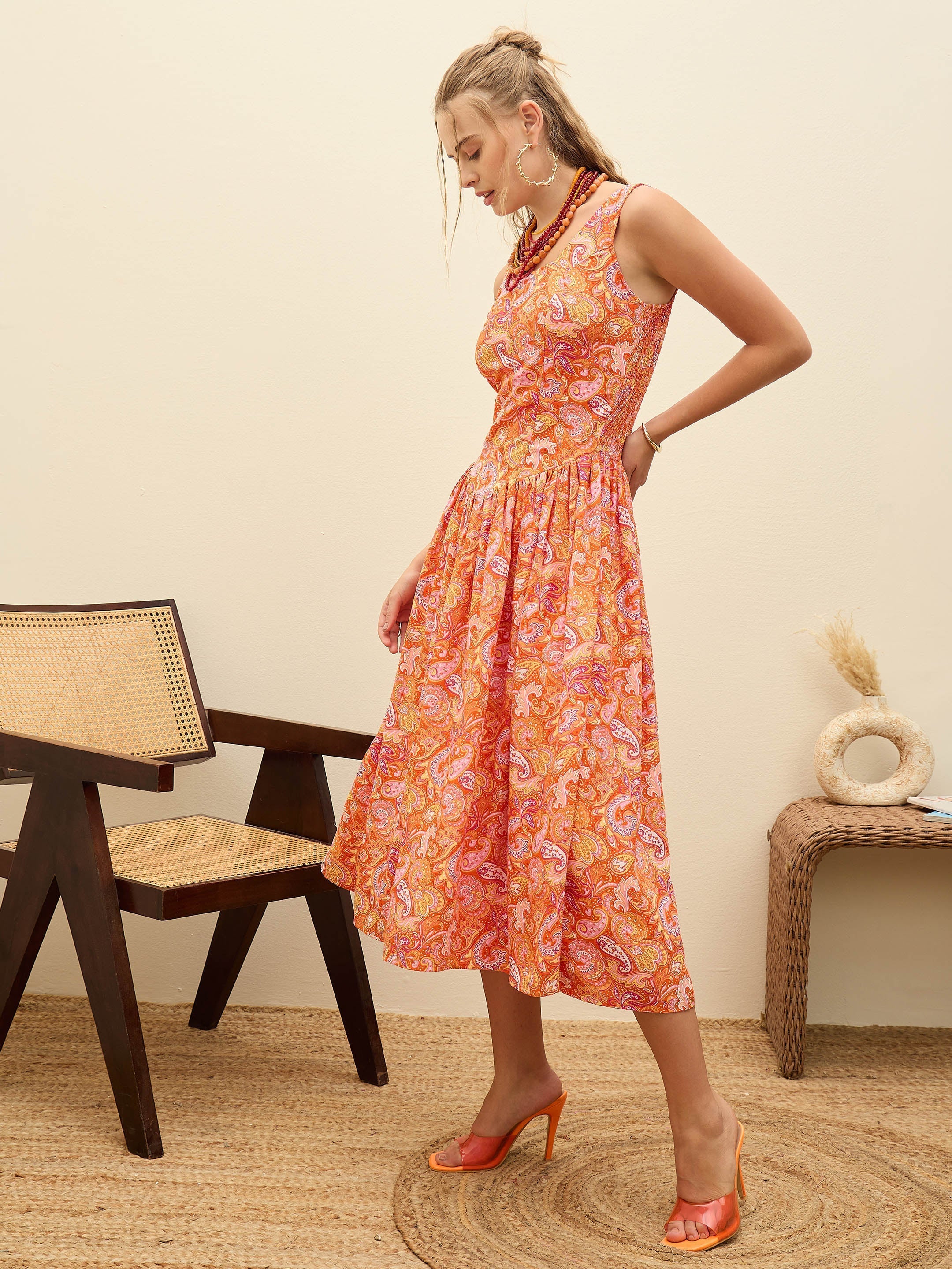 Women Orange Paisley Strappy Midi Dress-SFDRSS12959