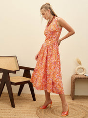 Women Orange Paisley Strappy Midi Dress-SFDRSS12959