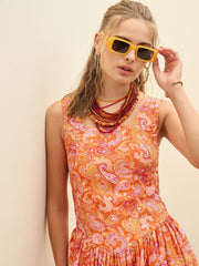 Women Orange Paisley Strappy Midi Dress-SFDRSS12959