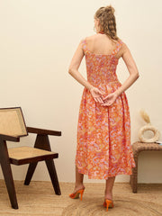 Women Orange Paisley Strappy Midi Dress-SFDRSS12959